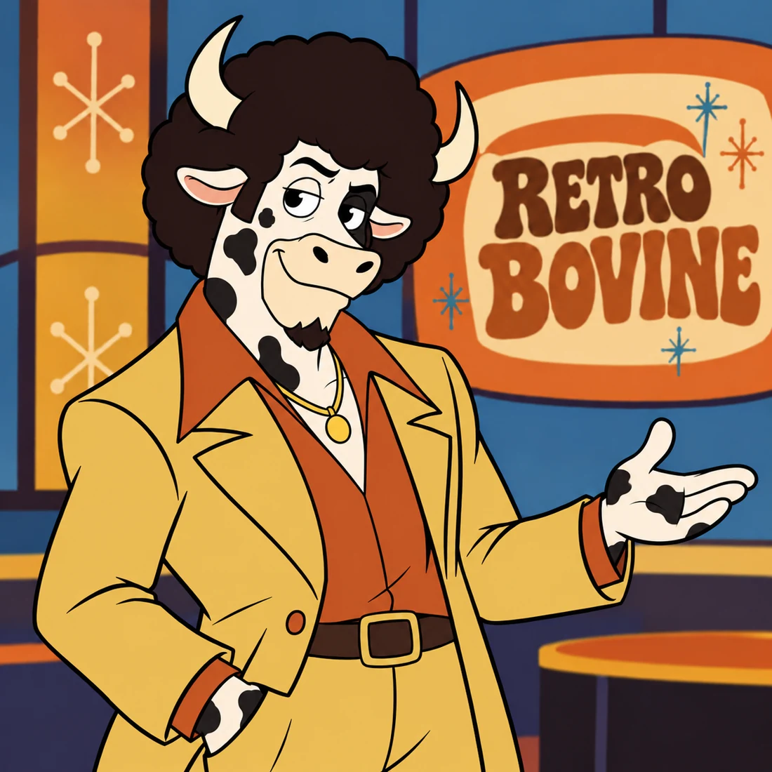Retro Bovine, a white-and-black-spotted bull in a 1970s leisure suit and afro